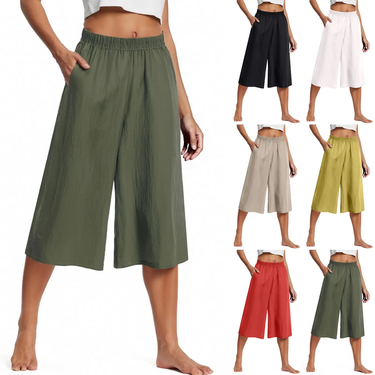 Women Wide Leg Cropped Pants with Pockets