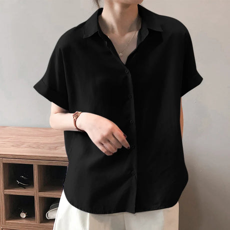 ZanzeaEase™ oversized summer blouse in black, breathable fabric, button-down style for a relaxed fit.