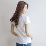 Back view of a woman wearing a slim fit white cotton V-neck tee, showcasing its lightweight and breathable style.