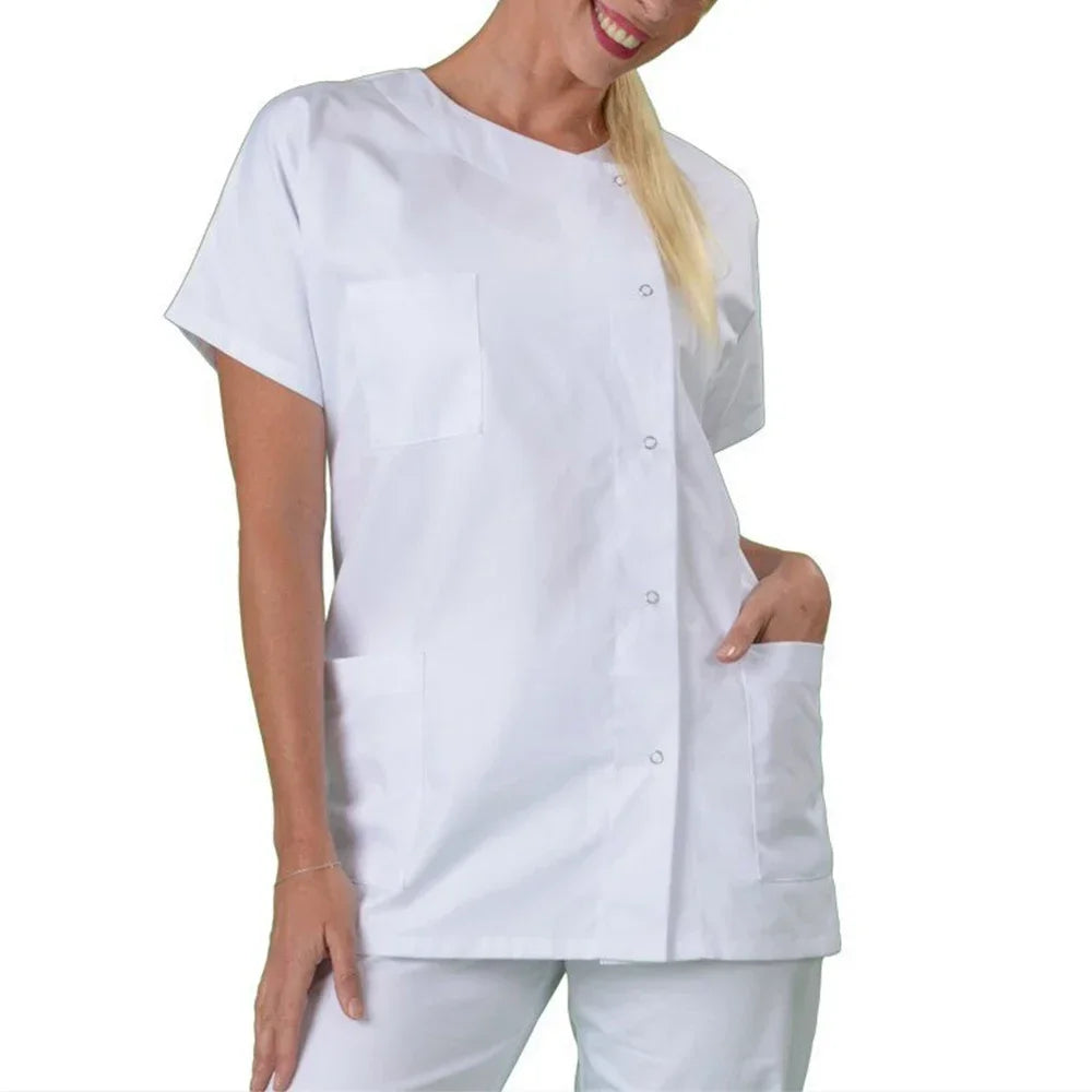 Unisex short sleeve medical shirt in white, ideal for pharmacy and doctor settings, made from cotton and polyester.