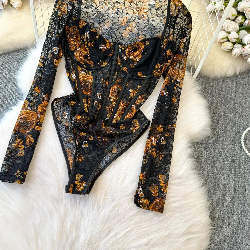 Women Square Neck Mesh Print Bodysuit