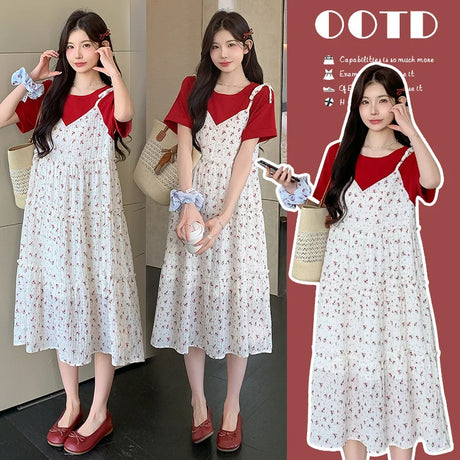 Maternity floral two-piece skirt outfit in contrasting colors, perfect for summer casual wear.