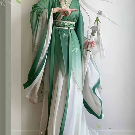 Elegant Bamboo Green Hanfu Dress for women, featuring large sleeves and a vintage style, perfect for parties and cosplay.