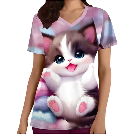 Cartoon cat print short sleeve nurse scrub uniform for women with playful kitten design and colorful background.