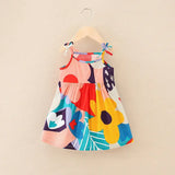 Colorful summer dress for girls featuring floral patterns and sleeveless design, perfect for ages 4-6 years.