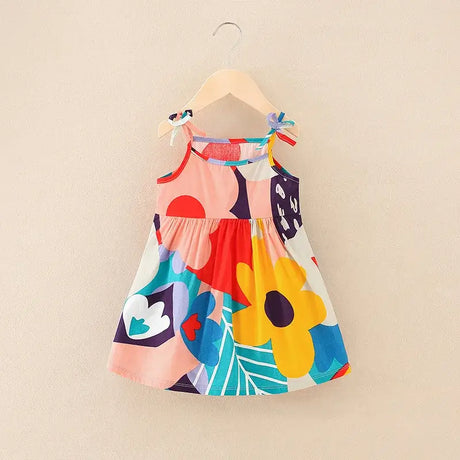 Colorful summer dress for girls featuring floral patterns and sleeveless design, perfect for ages 4-6 years.