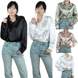 SilkAura™ imitation silk blouse showcased in black, white, beige, and green, featuring a loose fit and turn-down collar.