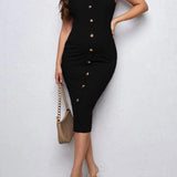 Solid color high stretch maternity knee-length dress featuring buttons, perfect for stylish comfort during pregnancy.