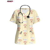 Colorful nursing scrubs with bear print, V-neck design, featuring pockets and a stethoscope, perfect for women healthcare professionals.