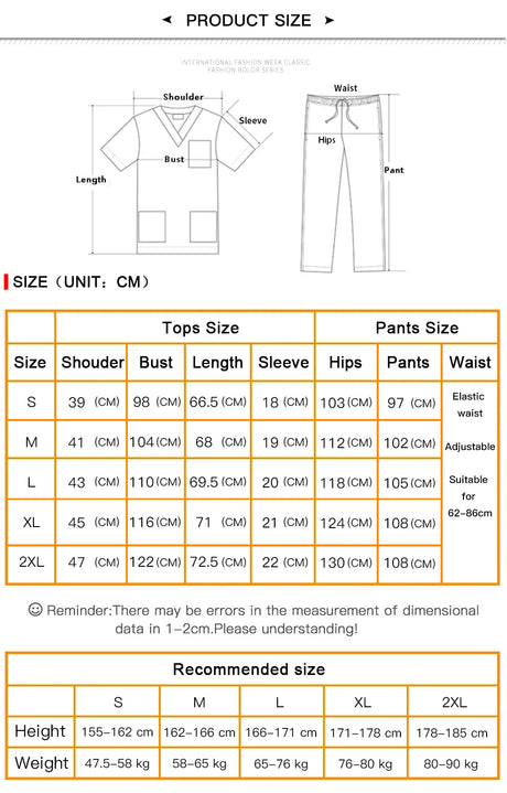 Size chart for 7-Color Nursing Work Uniform, showing measurements for tops and pants in cm.