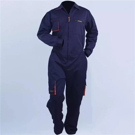 Mechanic welding coveralls in navy with multiple pockets for utility and safety, designed for unisex wear.