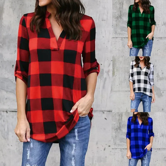 PlaidVibe™ V-Neck Summer T-Shirt in red, green, black, and blue check patterns, lightweight women's casual top.