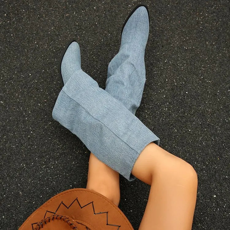 Women’s Knee High Cowboy Denim Boots 2025