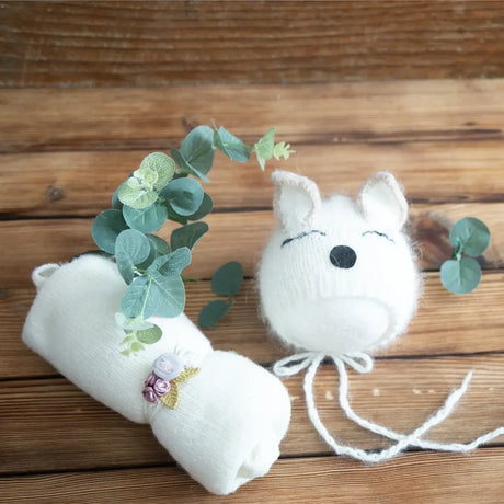 Newborn stretch knit mohair set featuring a cute fox hat and soft wrap, perfect for babies aged 0-1 year.