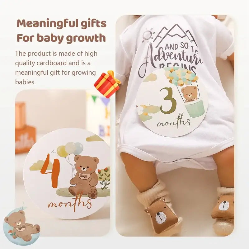 16Pcs Paper Baby Milestone Numbers with Bear design for tracking baby's growth, perfect for ages 0-12 months.