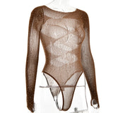 Women's Knitted Rhinestone Long Sleeve Bodysuit – Sexy Y2K Outfit