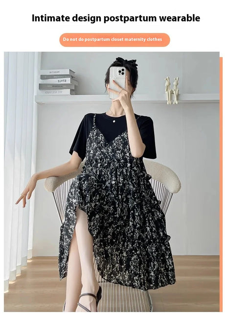 Postpartum wear with intimate design, featuring a black floral maternity dress for comfort and style.