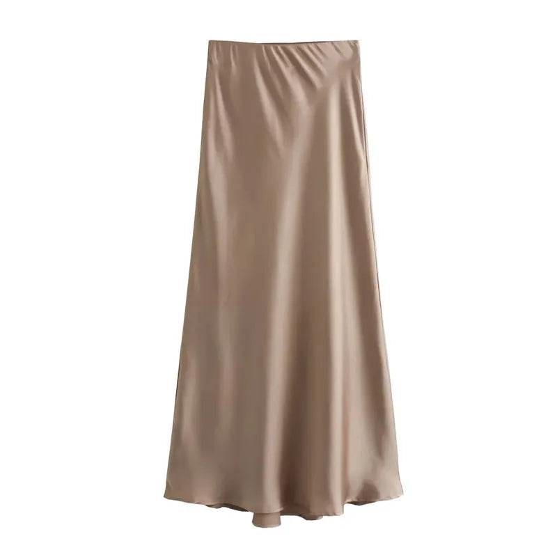 Women Satin Midi Skirt 2025