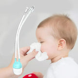 Baby nose cleaner tool being used on a baby, featuring silicone nasal aspirator design for effective nasal suction.