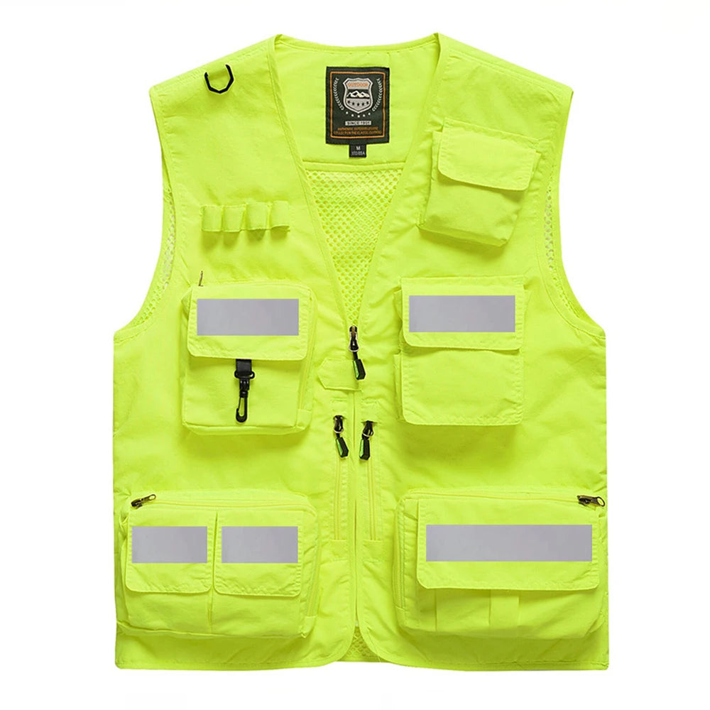 Reflective utility vest in bright yellow with multiple pockets for safety and convenience in work environments.