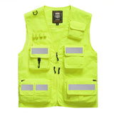 Reflective utility vest in bright yellow with multiple pockets for safety and convenience in work environments.