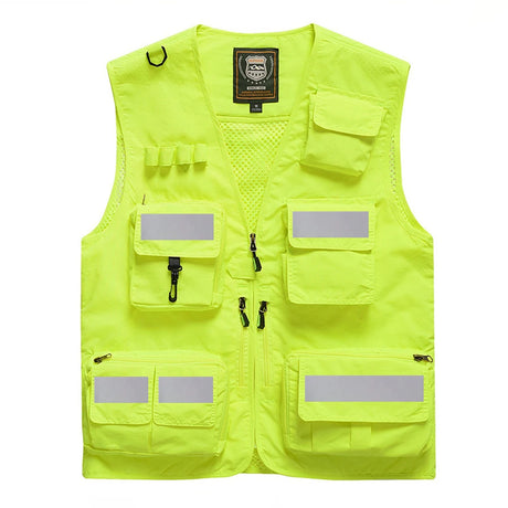 Reflective utility vest in bright yellow with multiple pockets for safety and convenience in work environments.