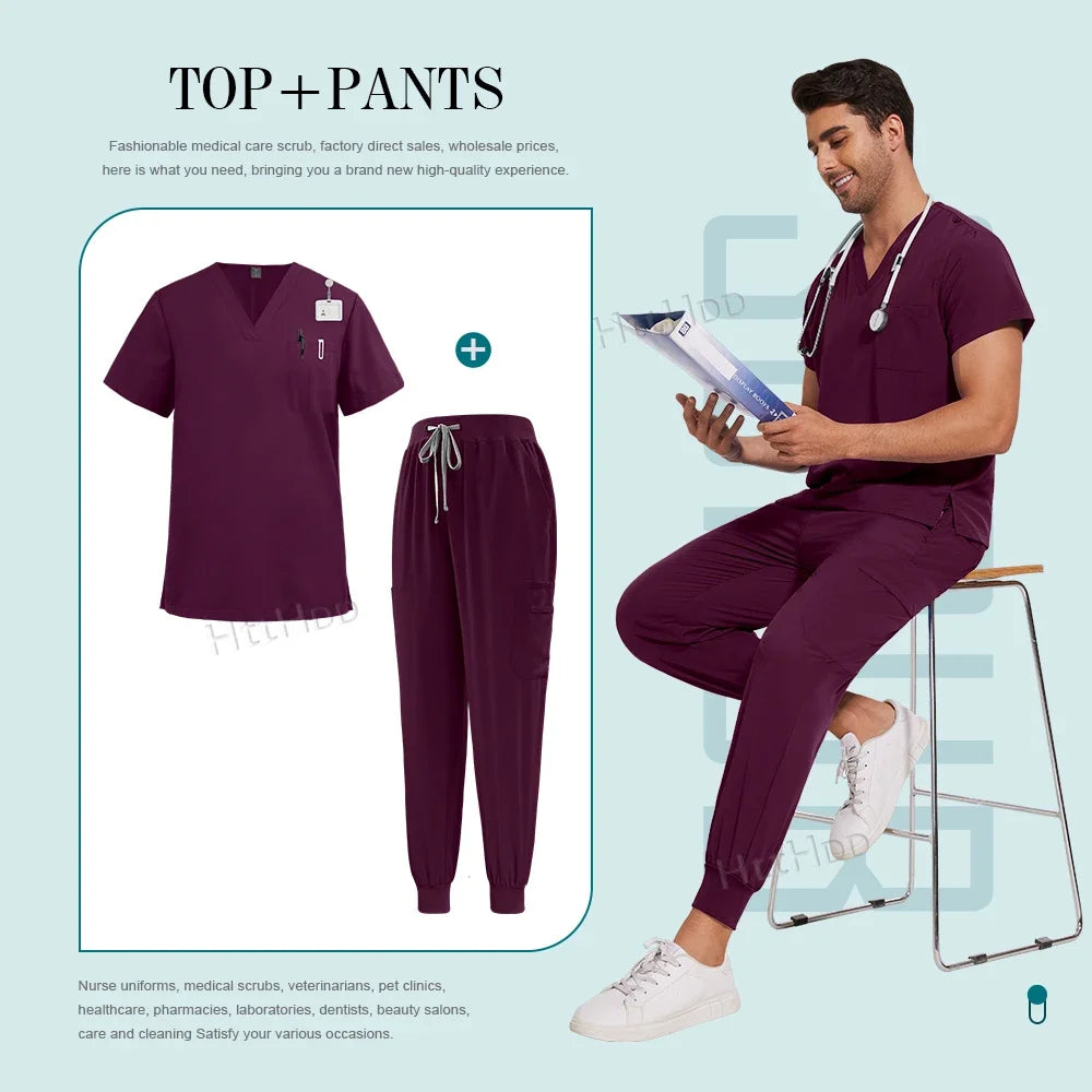 Unisex nurse surgical scrub suit jogger set in deep purple, featuring a breathable top and pants, ideal for medical professionals.