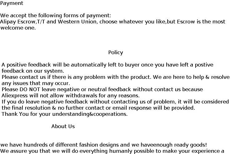 Payment and policy guidelines including acceptable payment methods and feedback requests for online purchases.