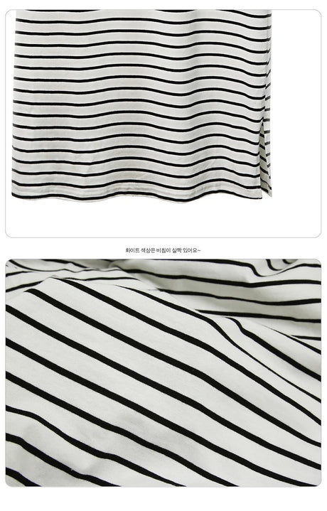 Close-up of striped fabric showcasing black and white stripes from a maternity dress.