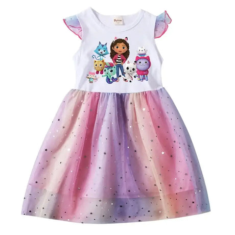 Colorful baby girls dress with cartoon characters, knee-length cotton and polyester fabric, perfect for summer wear.
