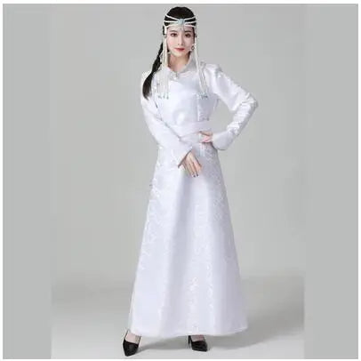 Traditional Mongolian Ethnic Women's Dress in white, showcasing cultural heritage with elegant design.