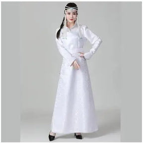 Traditional Mongolian Ethnic Women's Dress in white, showcasing cultural heritage with elegant design.