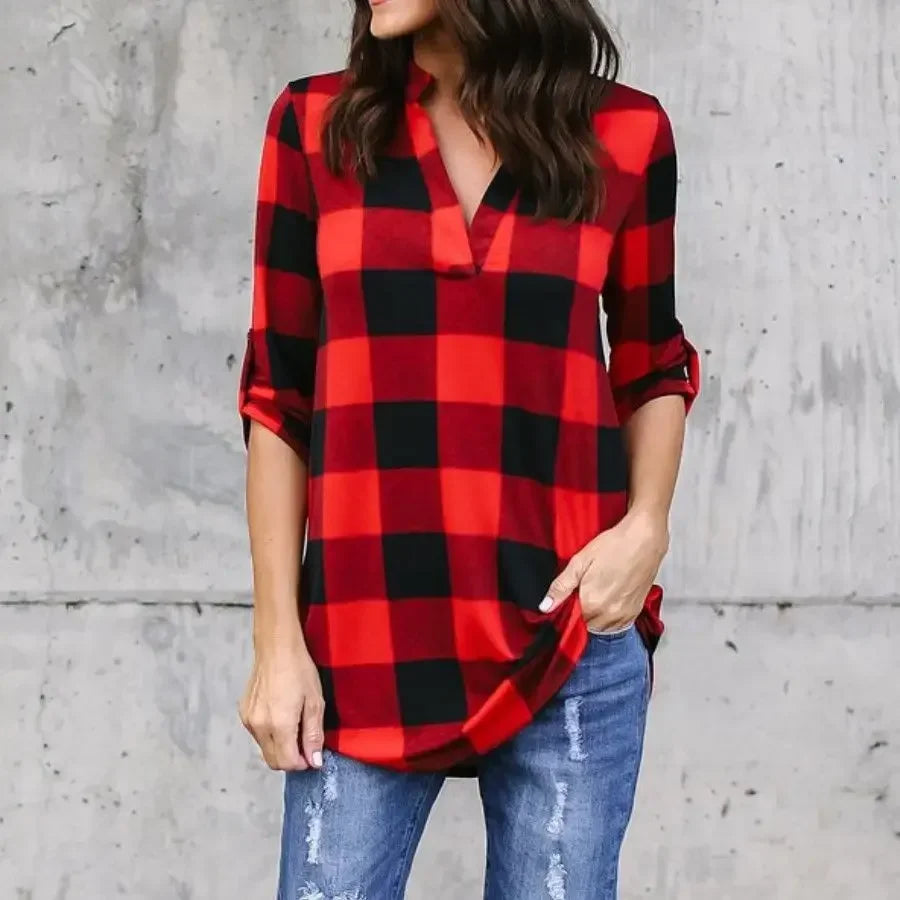 PlaidVibe™ V-Neck Summer T-Shirt in red and black plaid, casual beach style for women, lightweight and mid-length.