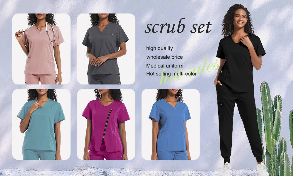 Diverse women wearing colorful nurse scrub sets, showcasing high-quality medical uniforms available in multiple colors.