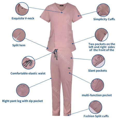 Solid color women's scrub set features exquisite V-neck, comfort elastic waist, multiple pockets, and stylish cuffs.