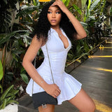 Women’s White Lapel Pleated Dress