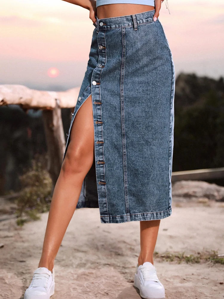 SpiceShape™ – Button Bodycon Denim Skirt (Autumn/Winter Streetwear)