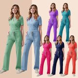 Women’s medical scrub set display in various colors including green, blue, pink, and purple, featuring pocket tops and pants.
