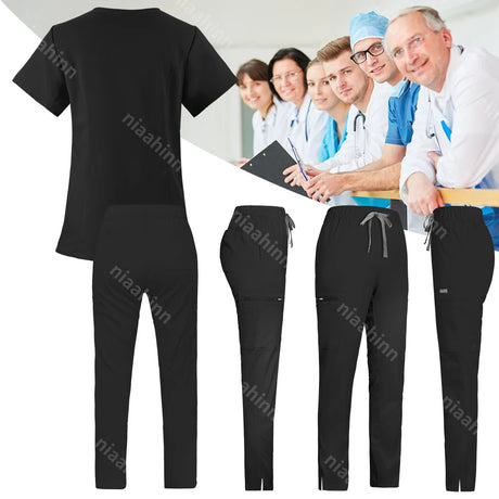 Black scrub set featuring a T-shirt and pants, ideal for beauty salons and veterinary professionals.