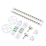 Adjustable car safety seat accessories including straps, hooks, and connectors for enhanced child safety.