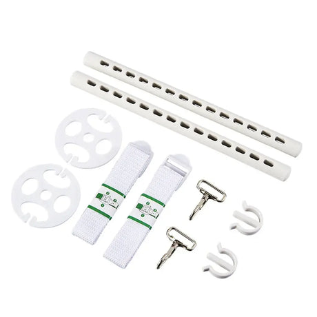 Adjustable car safety seat accessories including straps, hooks, and connectors for enhanced child safety.