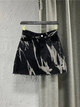 DyeDrape™ – Tie-Dye Short Denim Skirt (Black Gray, Fringed A-Line)