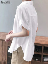ZanzeaEase™ oversized summer blouse in white, featuring a relaxed fit and turn-down collar.