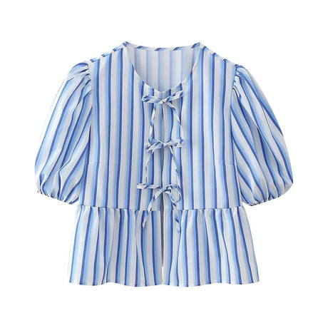 BowChic™ Stripe Lace-Up Blouse in blue and white stripes, featuring short sleeves and a feminine peplum hem.