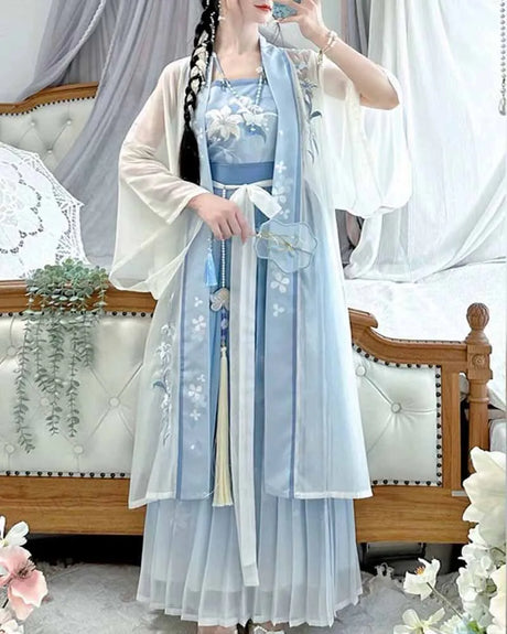 Plus size light-blue hanfu dress with floral details, perfect for women’s cosplay or vintage-themed events.