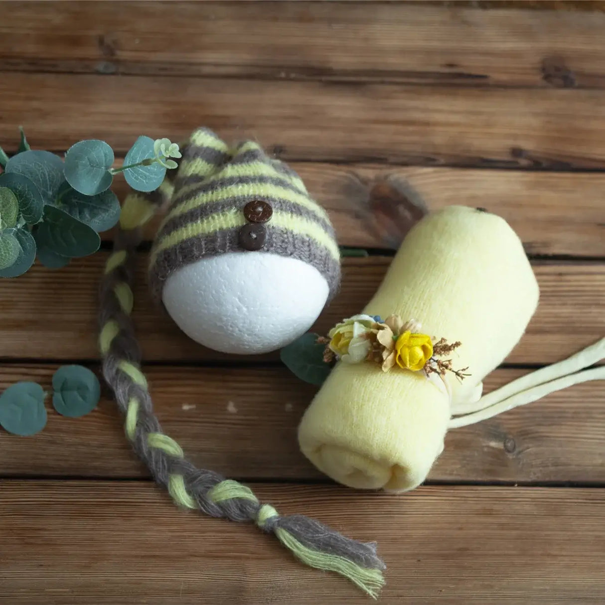 Newborn stretch knit mohair hat with buttons and matching yellow blanket, perfect for baby photography, unisex design.