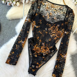 Women Square Neck Mesh Print Bodysuit
