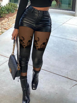 Women Mesh PU Leather Skinny Pants