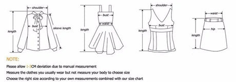 Size measurement guide for clothing including bust, waist, and hip dimensions in a clear visual format.
