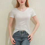 Slim fit cotton V-neck tee for women, lightweight and breathable style, perfect for summer outfits.